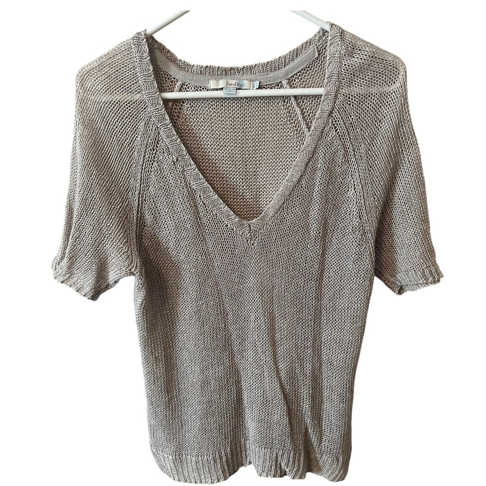 Boden Metallic Gold Open Knit V-Neck Short Sleeve Sweater Top US Champagne